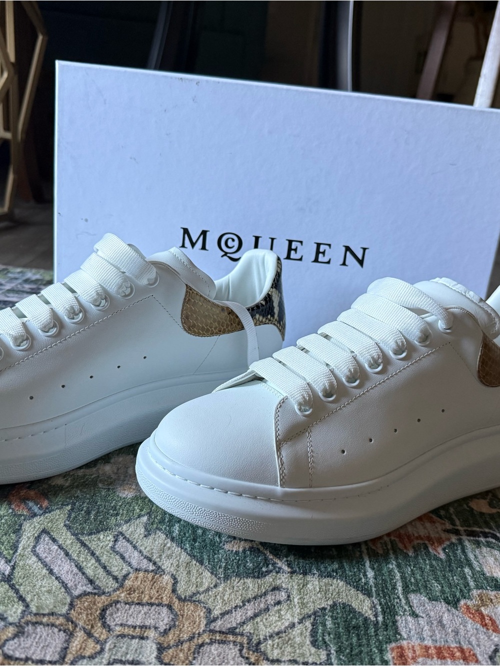 Alexander McQueen White Leather Sneakers with Snake-Print Heel
